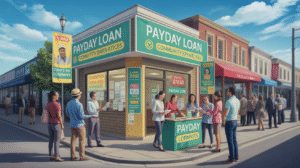 People stand outside and inside a payday loan storefront on a city street, reading signs and talking to clerks. The shop exterior showcases local marketing with prominent financial service advertisements and loan offers.