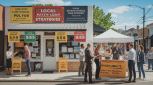 People gather outside a storefront labeled "Local Payday Loan Strategies," discussing effective strategies and exploring local marketing materials. Some stand at a kiosk or talk, while others read brochures on a sunny day in the small shopping area.