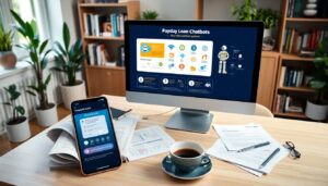 A desk with a computer monitor displaying payday loan chatbots information, a smartphone showing a payday loan app, documents, a pen, an open notebook, coffee, and bookshelves in the background for an easy payday loan guide.