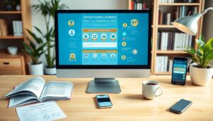 A desk with an open book, smartphone, coffee cup, and glasses. A computer monitor displays an infographic titled “Payday Loan Chatbots: Your Ultimate Guide.” Bookshelves and a plant complete this payday loan–focused workspace.