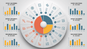 Infographic with a central wheel showing financial services icons and six surrounding segments. Bar charts on each side highlight payday loan trends and insights, including average loan amounts and repayment periods for each age group 15–45 and 65+.