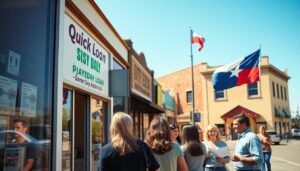 A group of people stand in line outside a Texas payday loan store on a sunny day. The storefront sign advertises quick loans with same-day approval, while a Texas state flag waves proudly on a pole in the background.