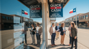 Six people in business attire stand on a Texas sidewalk outside a storefront with "Quick Cash" and "Same Day Approval" signs. Payday Loan info is advertised, with Texas flags and city reflections visible in the shop window.