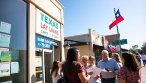 A group of people stand talking outside a business called "Texas Lay Loans" on a sunny day. The storefront features signs about payday loans, while Texas flags are visible along the street in the background.