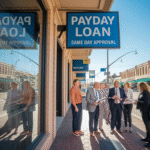 A group of six adults in business attire stand talking on a sunny Texas sidewalk in front of a payday loan storefront. A large sign reads "PAYDAY LOAN SAME DAY APPROVAL," offering a quick guide to fast cash solutions. Texas flags are visible.