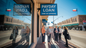A group of six adults in business attire stand talking on a sunny Texas sidewalk in front of a payday loan storefront. A large sign reads "PAYDAY LOAN SAME DAY APPROVAL," offering a quick guide to fast cash solutions. Texas flags are visible.