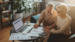 Two retirees sit at a table reviewing financial documents with a laptop, calculator, and papers. Sunlight streams through the window, and a cup of coffee sits next to the laptop as they carefully guide each other through their finances.
