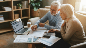 An older man and woman sit at a coffee table with financial documents, a calculator, and a laptop. The retirees focus on the paperwork, appearing to review finances or seek a guide for budgeting in their living room setting.