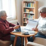Two retirees sit at a round table with a laptop, calculator, and paperwork, reviewing financial documents in a well-lit room with bookshelves and a potted plant—a helpful scene for anyone seeking a guide for retirees.