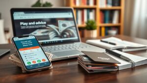 A smartphone displaying a PayPal app screen rests on a stack of cash beside a laptop showing an Essential Guide to payday loans. Notebooks, a pen, and extra cash are scattered across the wooden desk in this home office.