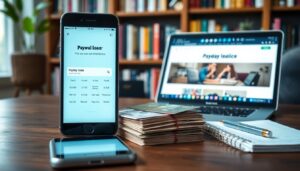 A smartphone displays an essential guide to payday loans, while a laptop shows a payday loan website. Stacks of cash, a notebook, and a pen are on the desk, with bookshelves in the background.