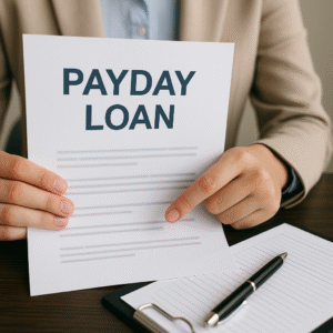 Professional close-up of hands holding a PAYDAY LOAN document at a desk with a pen and clipboard, symbolizing fast payday loan approval process.