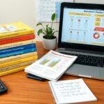 A desk with a laptop displaying a Complete Guide to Payday Loan Alternatives, a stack of finance books, a financial freedom leaflet, a notebook with handwritten notes, pen, calculator, smartphone, coffee cup, and wall calendar.