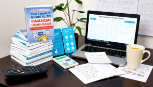 A desk with financial books, a laptop displaying payday loan alternatives, a smartphone, a mug, remote control, notes, a budgeting apps pamphlet, and a calendar in the background. The scene suggests financial planning.
