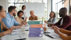 A diverse group of people sit around a conference table having a meeting. In the foreground, three stacked boxes labeled “Break from the Payday Loan Cycle” are visible. A whiteboard is in the background.