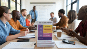 A diverse group of people sit around a table in a bright conference room, talking and taking notes. In the foreground, a pamphlet titled "Break the Payday Loan Cycle: A Step-by-Step Guide" is prominently displayed on the table.