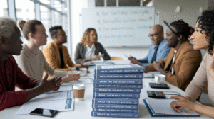 A group of eight people sits around a conference table in discussion. In the foreground, a stack of books titled "BREAK THE PAYROLL LOAN CYCLE" offers a payday loan guide. A whiteboard with notes is visible in the background.