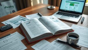 A desk with an open textbook, scattered papers and charts, a pen, a cup of coffee, a calculator, and an open laptop displaying 2025 financial data. Sunlight shines on the wooden surface as if framing a step-by-step guide in progress.