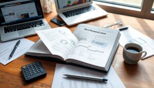 A desk with a large open book titled "Personal Loans: Step-by-Step Guide 2025," printed graphs, papers, a calculator, two open laptops, eyeglasses, a pen, and a cup of coffee arranged near a window in daylight.