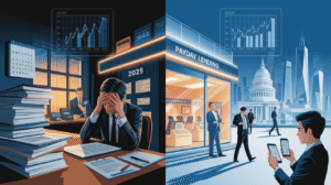 A split image highlights Payday Lending Trends: a stressed man with paperwork and declining graphs in an office on the left, contrasted by people outside a payday lending store with rising graphs and city landmarks on the right.