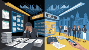 Split image: Left side shows a stressed person at a cluttered desk marked 2024-2025, reflecting payday lending challenges. Right side features a modern office celebrating success, with digital charts and "Forecast 2025" displayed overhead.
