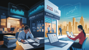 A split scene shows a stressed man with paperwork and declining charts in a dark office labeled "PAYDA LENDINGE," and a woman reviewing documents in a bright, modern office labeled "PAYDY BENDING," reflecting evolving Payday Lending Trends and the Forecast 2025.