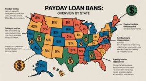 A color-coded map of the US shows different payday loan interest rates by state, marked with percentage numbers and money bag icons. Annotations explain payday loan bans and state regulations in various regions.