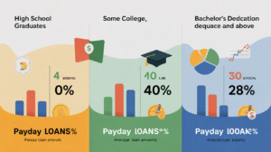 Infographic compares education level and payday loan trends: High school graduates 4 loans, 0%; some college 10 loans, 40%; bachelor's degree and above 30 loans, 28%. Bar and icon graphics illustrate each category.