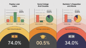 A comparison chart highlights the impact of education level on payday loan trends, featuring three sections for high school graduates (74.0%), some college (00.5%), and bachelor's degree or higher (34.0%) with bar graphs and percentages.