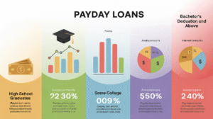 Infographic about payday loan trends, showing statistics for high school graduates, people with some college, and those with a bachelor’s or higher, including loan amounts, average amounts, and interest rates with icons and charts.