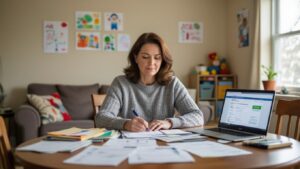 A single parent sits at a table covered with papers, writing on a document. A laptop is open in front of her, and children’s drawings are displayed on the wall in a well-lit, cozy room.