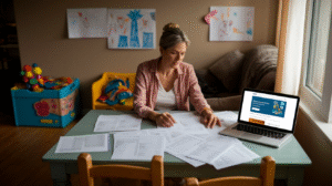 A single parent sits at a table covered with papers, reviewing documents. A laptop with a payday loans website open is nearby. The living room features children's drawings on the wall and toys in the background.