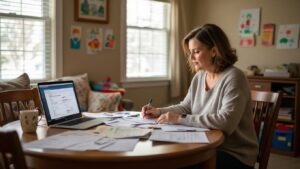 A single parent sits at a wooden dining table covered with papers, writing with a pen. An open laptop and coffee mug rest nearby. The room has children's drawings on the walls, sunlight streaming through as she considers financial assistance options.