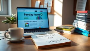 A laptop displaying a payday loans website sits on a desk next to coffee, books, and a notepad labeled "Essential Payday Loan Tips for Beginners" in a well-lit office setting.