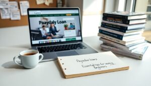 A desk with a laptop displaying a payday loan website, a cup of coffee, a stack of books, and a notepad labeled “Payday loan tips: Essential advice for beginner payday loans.”.
