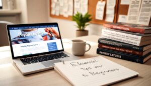 A desk with a laptop displaying a payday loan website, a stack of books about loans, a white mug, and an open notebook with “Essential Tips for Beginners” written on the page offers Payday Loan Advice for new borrowers.