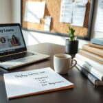A desk with a laptop displaying a payday loans website, two coffee cups, a stack of books, a notepad labeled "Payday Loans 101: Tips for Beginners," and a small potted plant—perfect for those seeking payday loan advice.