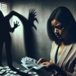 A woman in a suit counts a stack of money while looking worried; behind her, the shadowy figure of payday loans looms on the wall, and loose bills are scattered on the floor.
