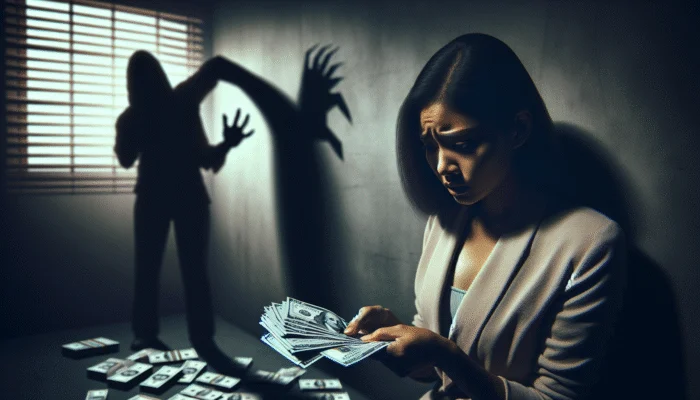 A woman in a suit counts a stack of money while looking worried; behind her, the shadowy figure of payday loans looms on the wall, and loose bills are scattered on the floor.