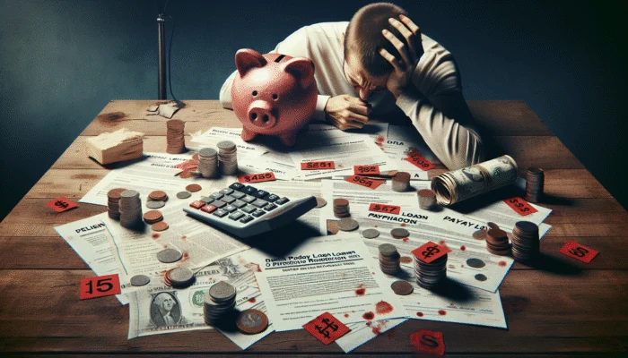 A person counting money with payday loan notices and an empty piggy bank, illustrating saving struggles.