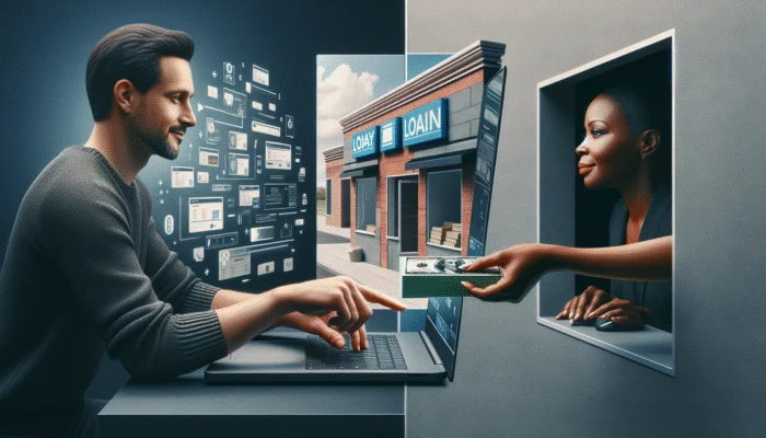 Image of person approving loan online versus receiving cash at payday loan store, showing convenience and urgency.