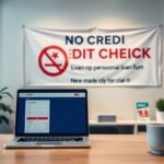 A laptop displaying a loan application website sits on a desk with a coffee cup in an office. Behind, a banner with spelling errors reads, “NO CREDI DIT CHEICK. Loan np personal loan fumn. New mate cly for clar it.”.