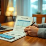 A person sits at a table signing a personal loan agreement document. A smartphone and an open laptop are on the table. The setting appears to be a home or office, with blurred background furniture and window.