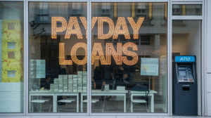 Storefront window with a large neon “PAYDAY LOANS” sign. Inside, people consider financial choices amid stacks of paper on tables. An ATM sits to the right outside, with reflections showing buildings across the street.