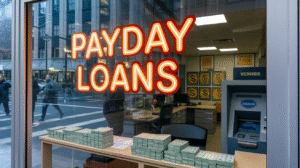 Large glass window with “PAYDAY LOANS” in bold, illuminated letters. Inside are stacks of cash, an ATM, and an office desk—highlighting financial choices available to those seeking payday loans. Reflections show people walking on a city street outside.