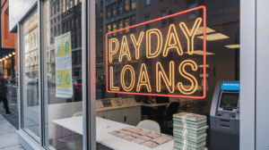 A glass-fronted payday loan shop with a large neon "PAYDAY LOANS" sign, an ATM machine, stacks of cash on the counter, and posters on the window offers quick Financial Choices to people on a busy city street.