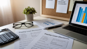 A desk with payday loan disclosure forms, a calculator, eyeglasses, printed charts, a plant, a laptop displaying a bar graph, and an essential guide to payday loans pinned on the corkboard in the background.