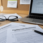 A desk with payday loan disclosures, a pen, glasses, a calculator, and an open laptop displaying a chart. A corkboard with pinned papers is visible in the background, suggesting a detailed loan guide at work.