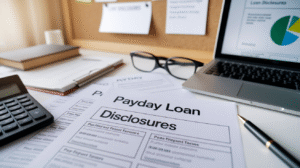 A desk with a payday loan disclosures document, calculator, pen, glasses, laptop showing a chart, books, and papers pinned to a corkboard in the background—perfect for anyone seeking a clear payday loan guide.