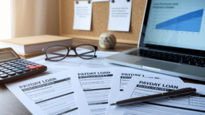 A desk with payday loan disclosure forms, a pen, calculator, eyeglasses, and a laptop displaying a loan chart—offering essential payday loan information. Papers and a corkboard with pinned notes complete the scene in the background.